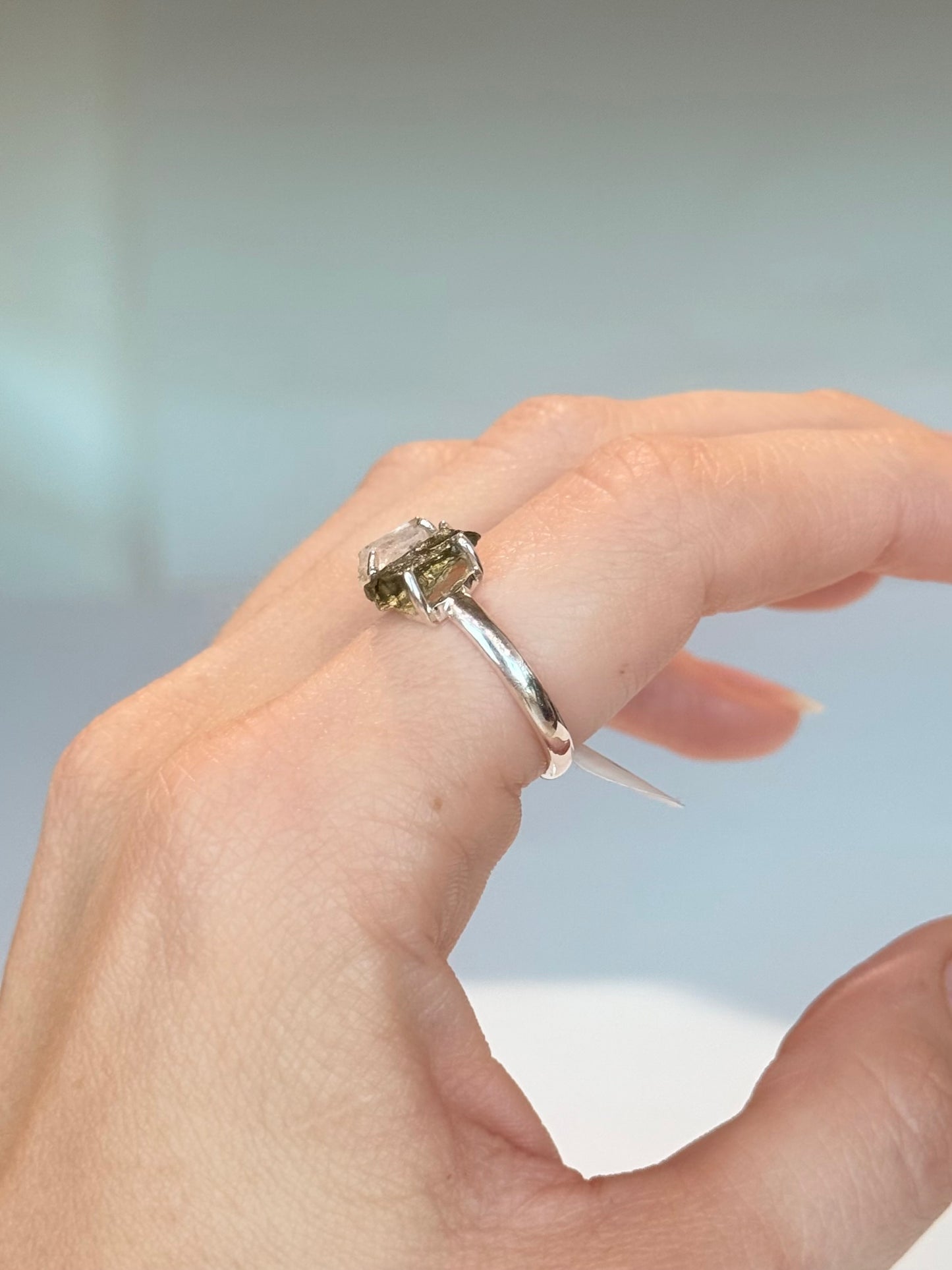 Moldavite & Herkimer Diamond Ring