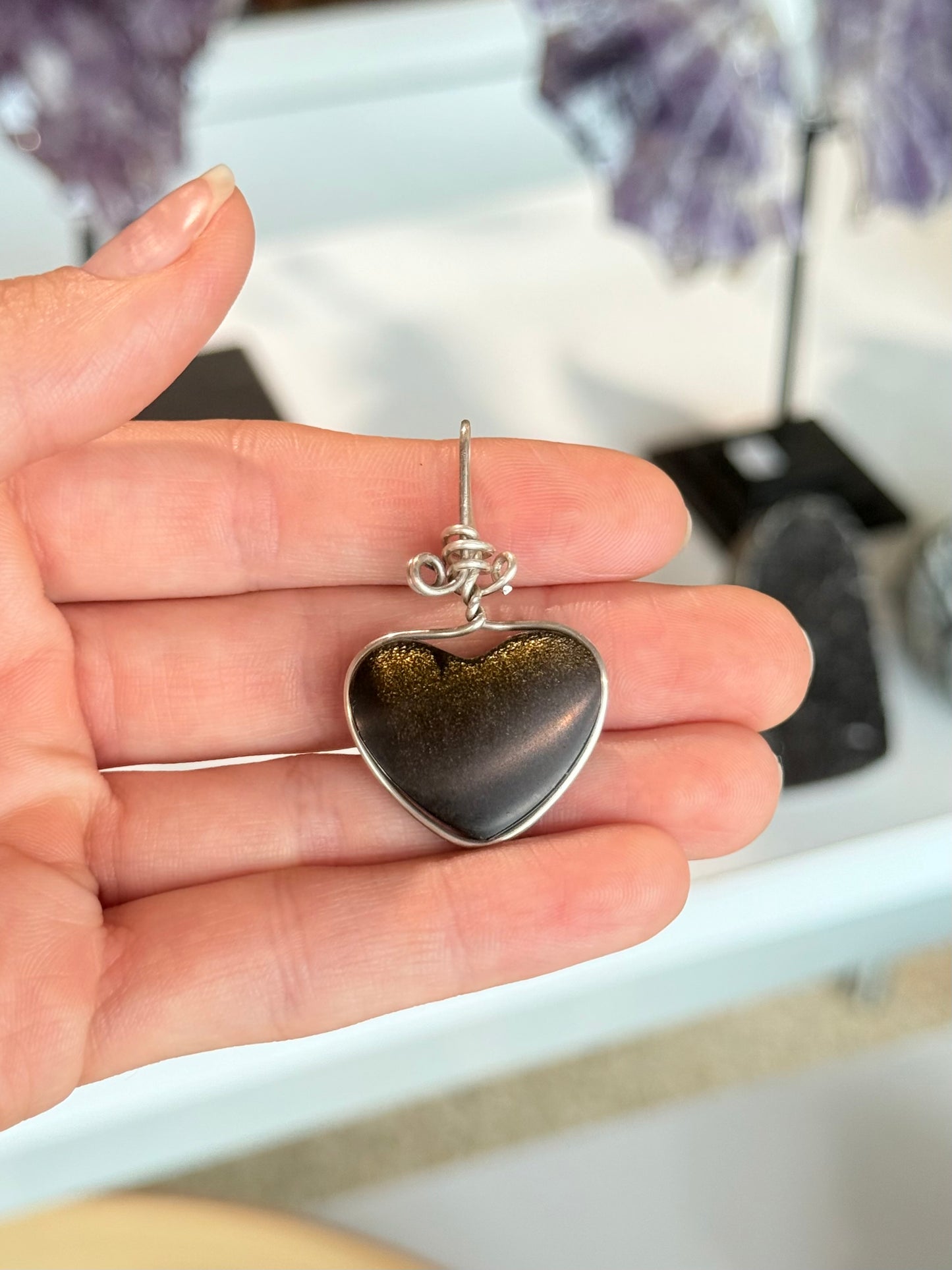 Sheen Obsidian Heart Pendant ( Silver 925 Wire )