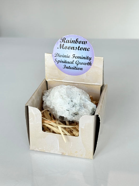 Rainbow Moonstone Raw Box / Cajita con Piedra Luna Arcoíris en Bruto