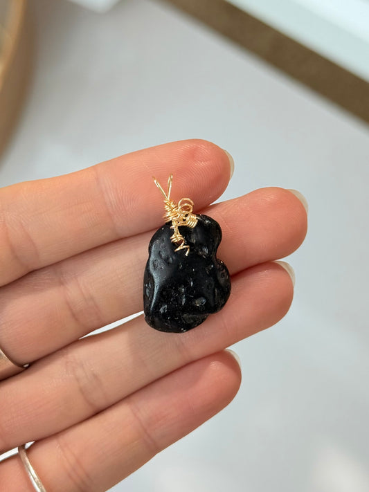 Black Tektite Pendant ( Silver Platted Gold Wire )