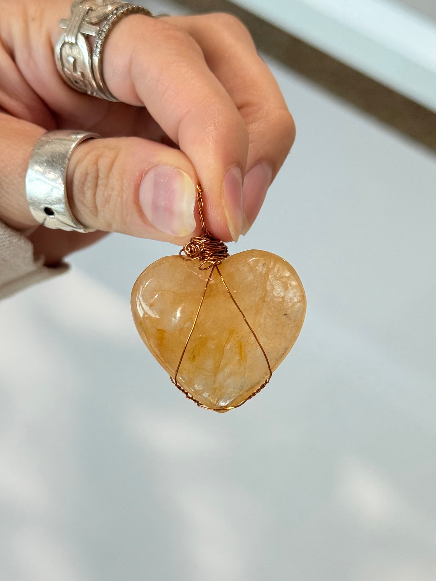 Golden Healer Quartz Heart Pendant ( Copper Wire )