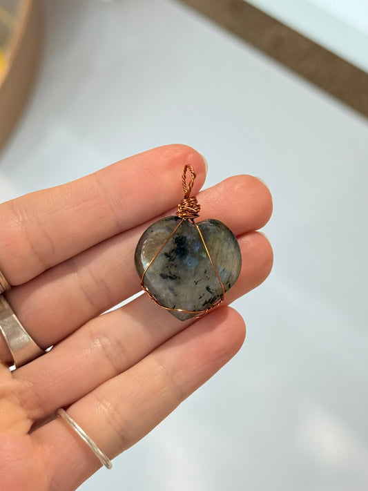 Polished Labradorite Heart Pendant ( Copper Wire )
