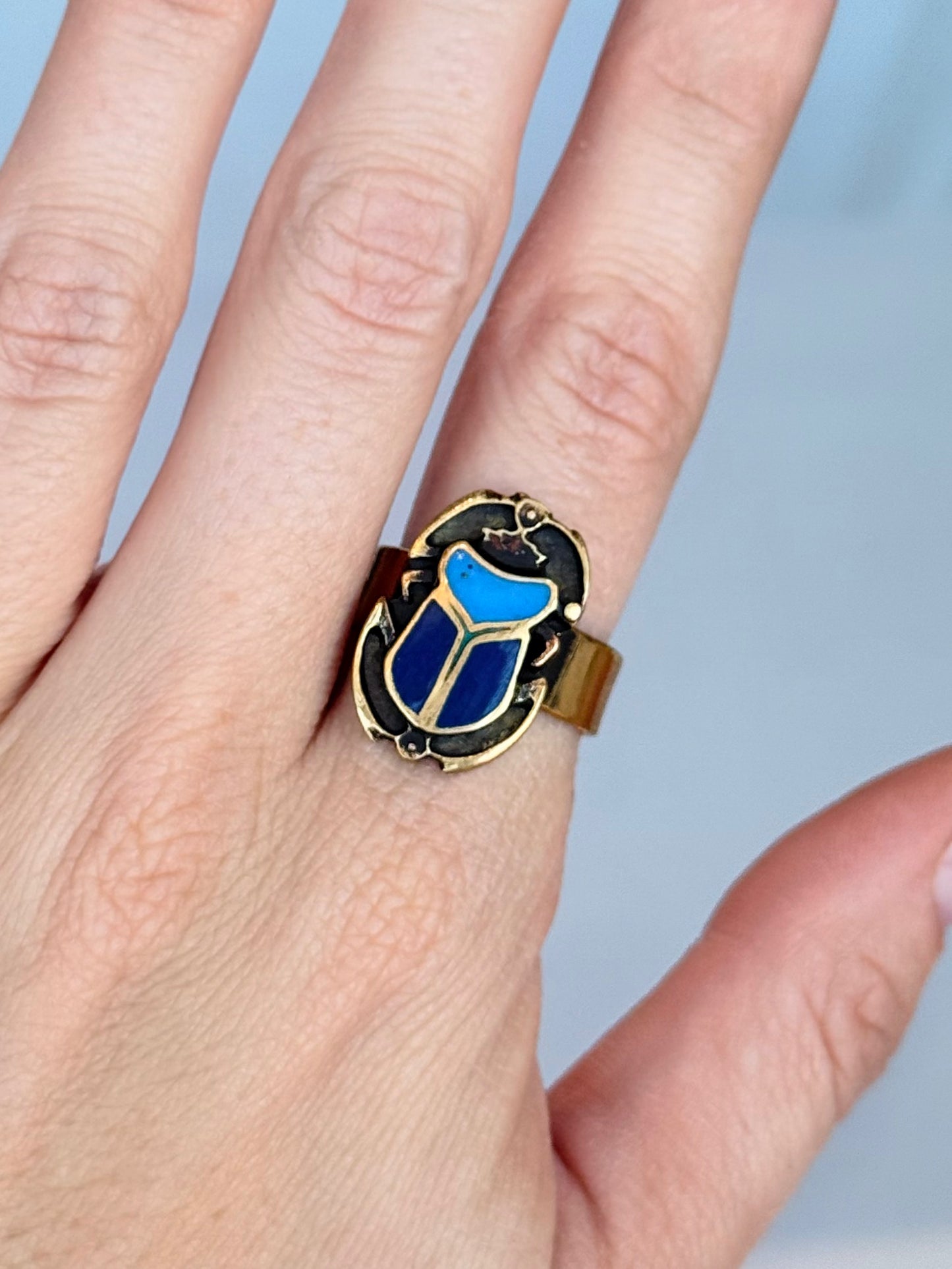 Scarab Painted Blue Ring ( Adjustable Size ) Brass