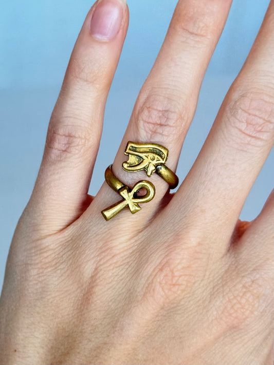Ankh and Ojo de Horus Ring ( Adjustable Size ) Brass