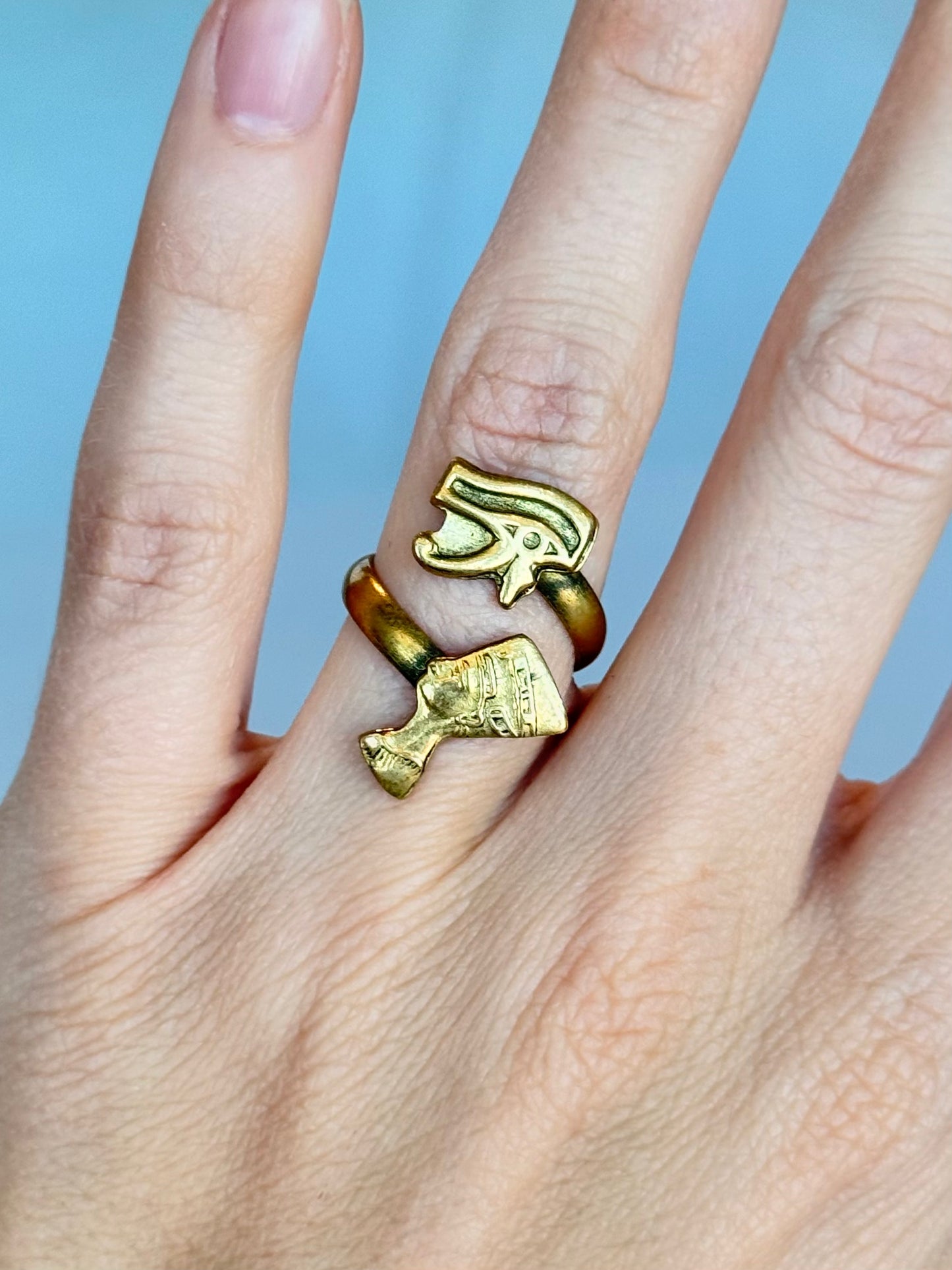 Ankh and Nefertiti Ring ( Adjustable Size ) Brass