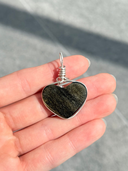 Sheen Obsidian Heart Pendant ( Silver 925 Wire )