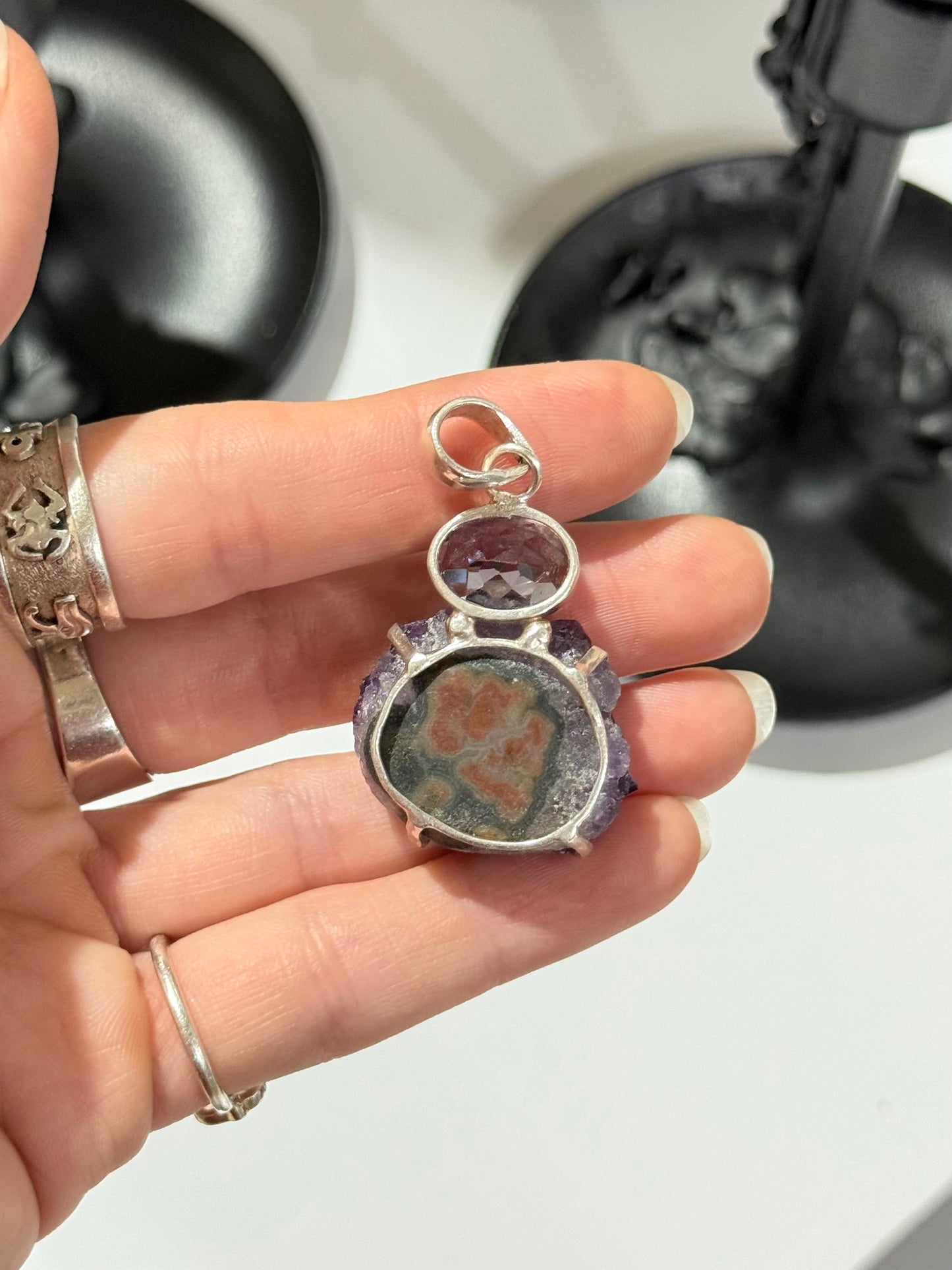 Faceted Amethyst & Raw Amethyst Cluster Pendant – Sterling Silver 925