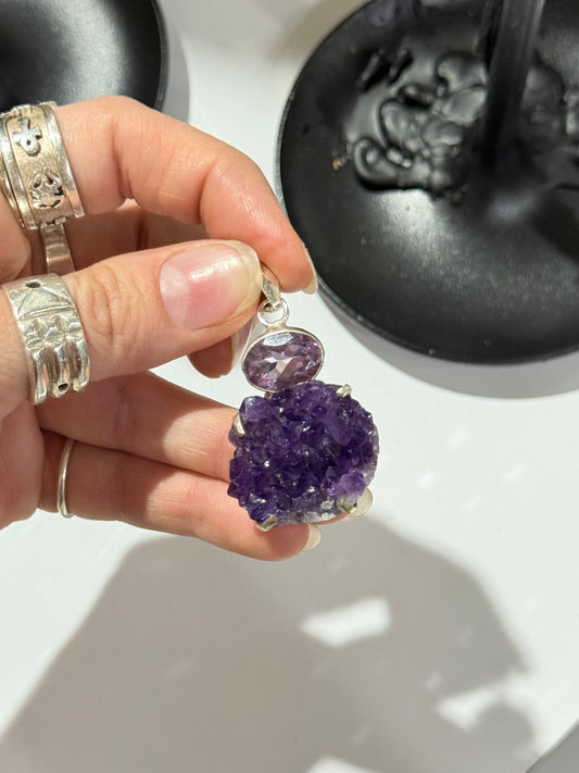 Faceted Amethyst & Raw Amethyst Cluster Pendant – Sterling Silver 925