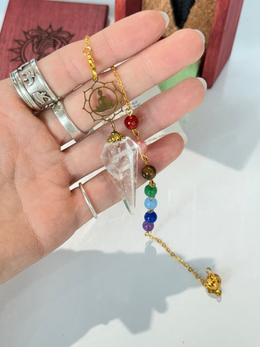 Clear Quartz & Chakra Pendulum ( Wood Box Included )