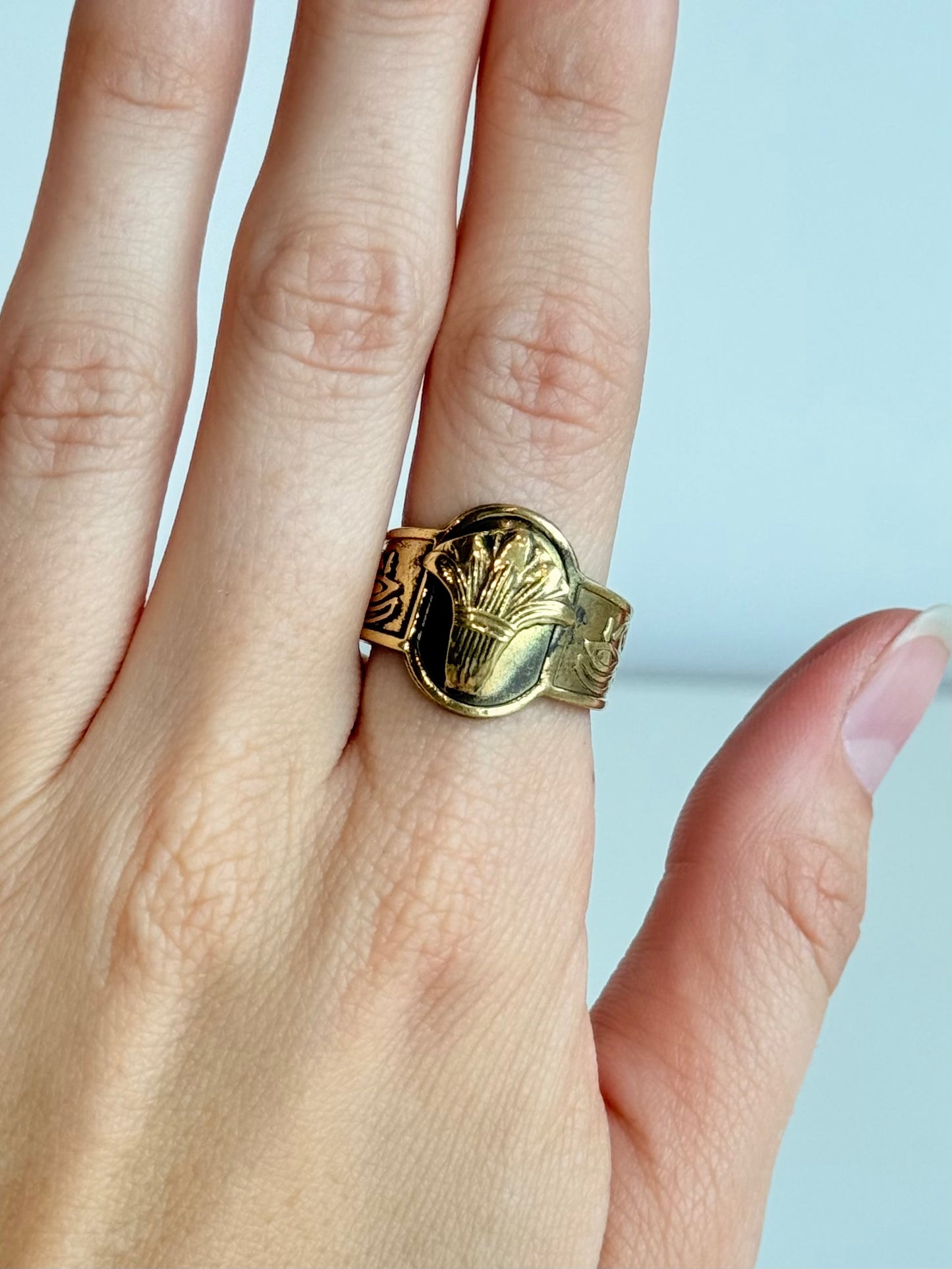 Lotus Adjustable Brass Ring with Eye of Horus Sides – Best Fits Size 8 and Can Be Adjusted Larger