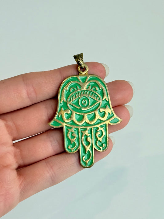 Hamsa Eye Pendant – Green | Brass