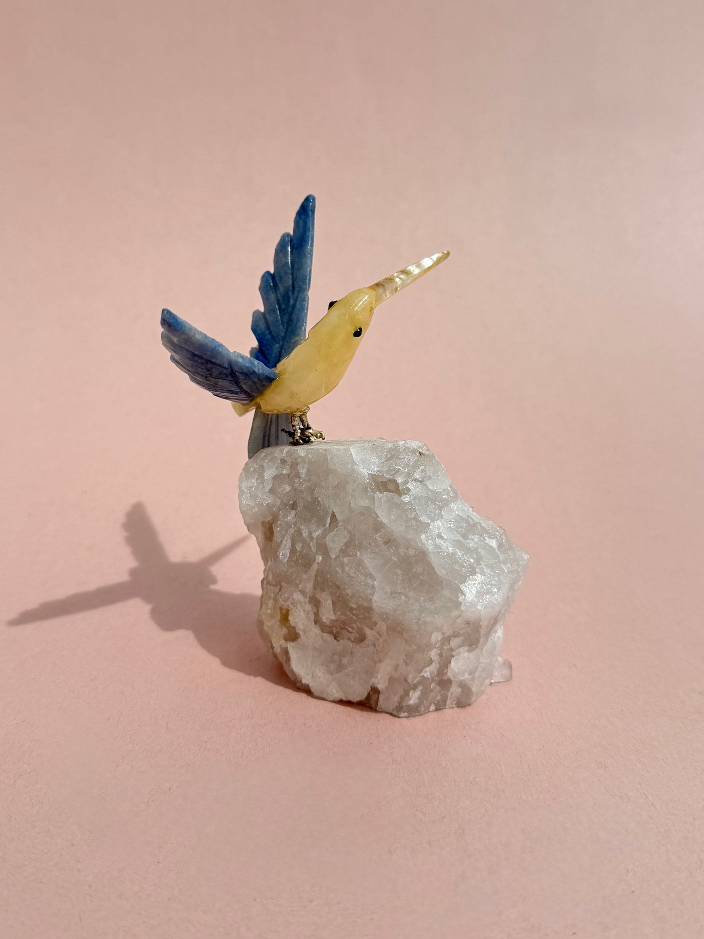 Hummingbird Yellow Calcite and Clear Quartz Base