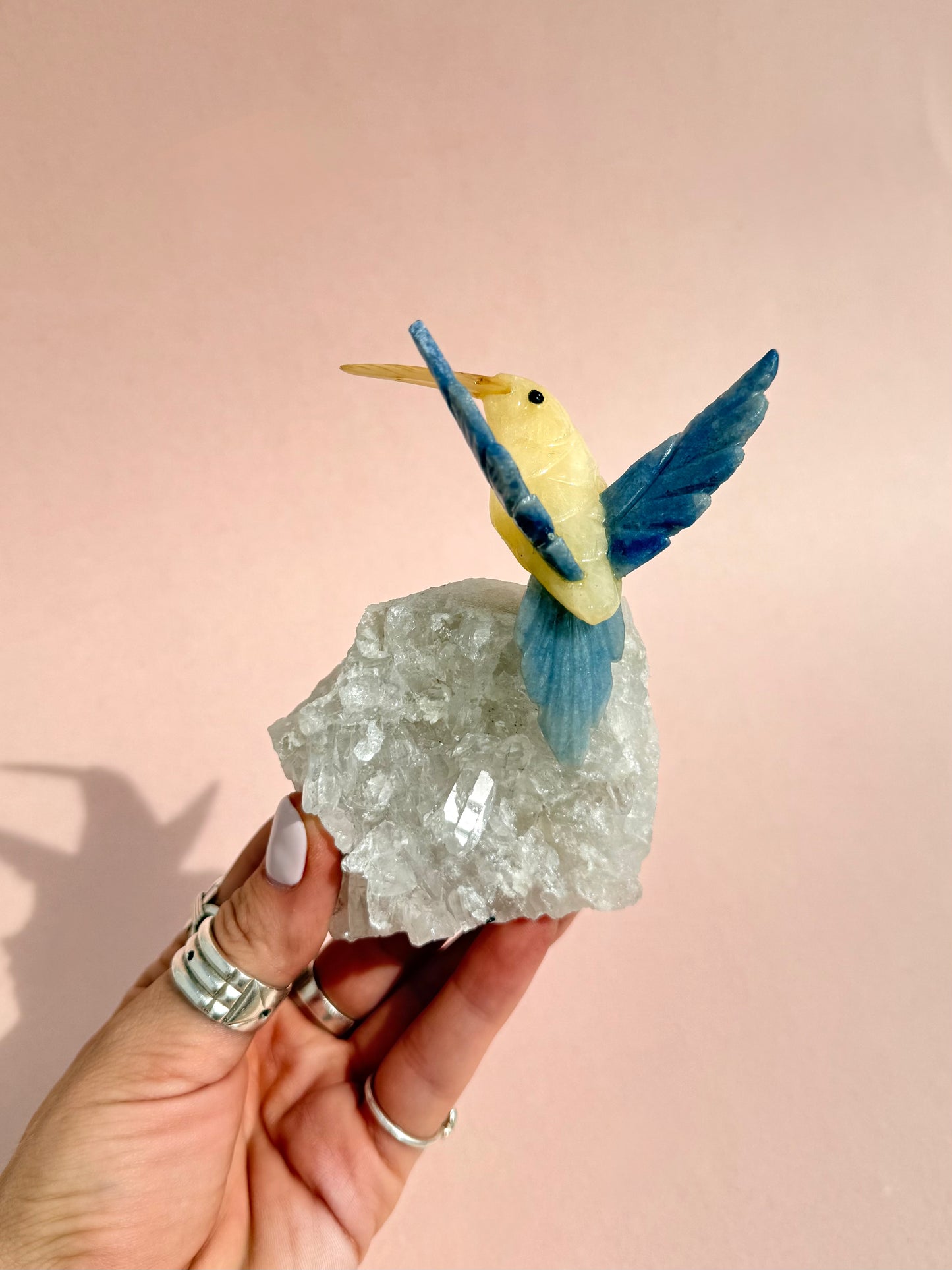 Hummingbird Yellow Calcite and Clear Quartz Base