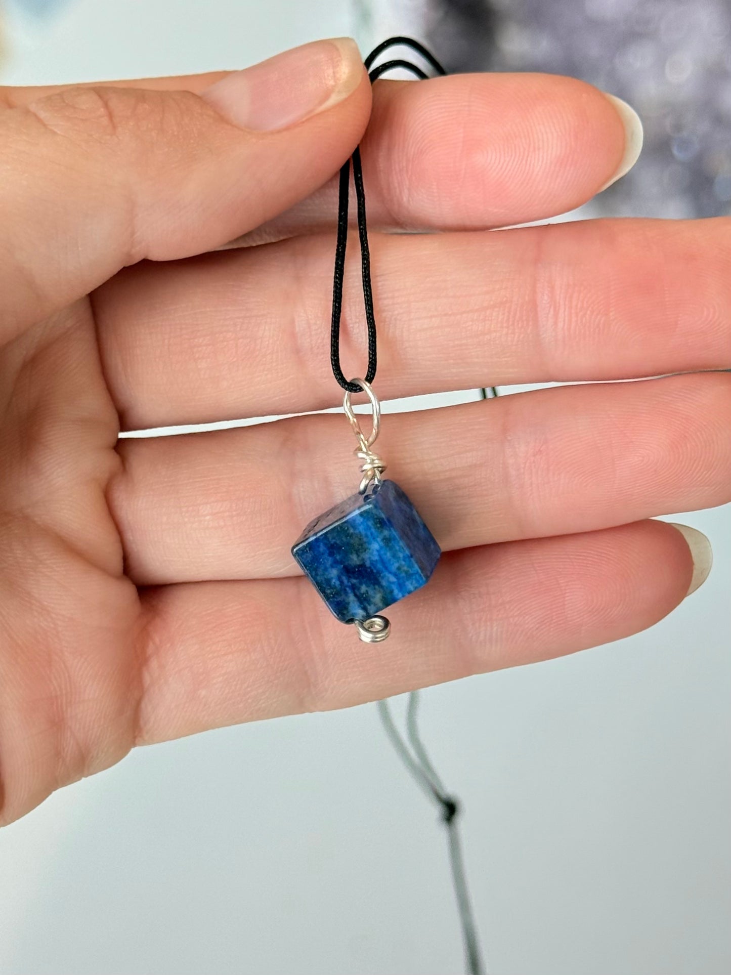 Lapis Lazuli Cube Pendant - Silver 925 ( Wire )