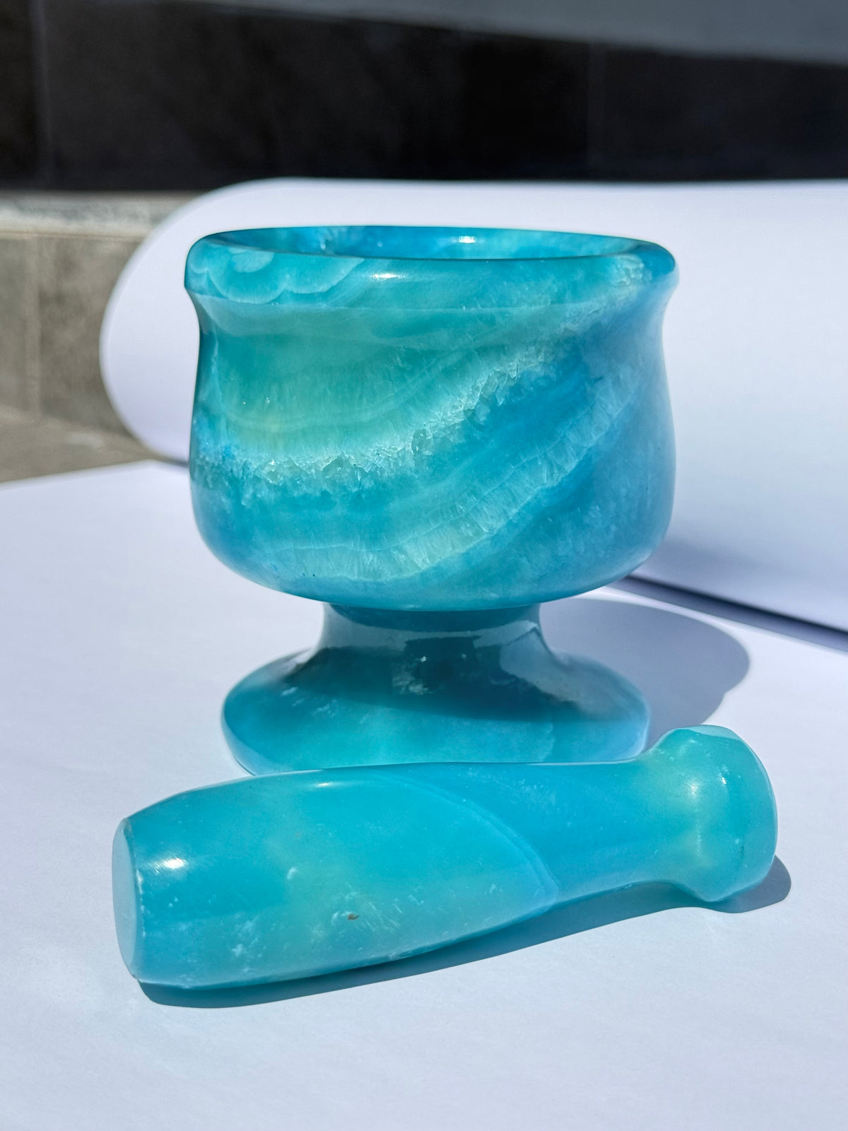 Blue Painted Alabaster Mortar | Mortero de Alabastro Pintado de Azul