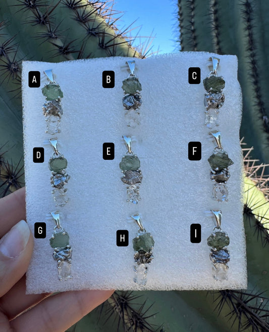 Moldavite, Campo del cielo & Herkimer Diamond Pendant ( Silver 925 )