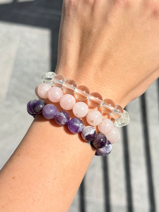 Emotional Protection & Harmony Crystal Set – Amethyst, Rose Quartz & Clear Quartz
