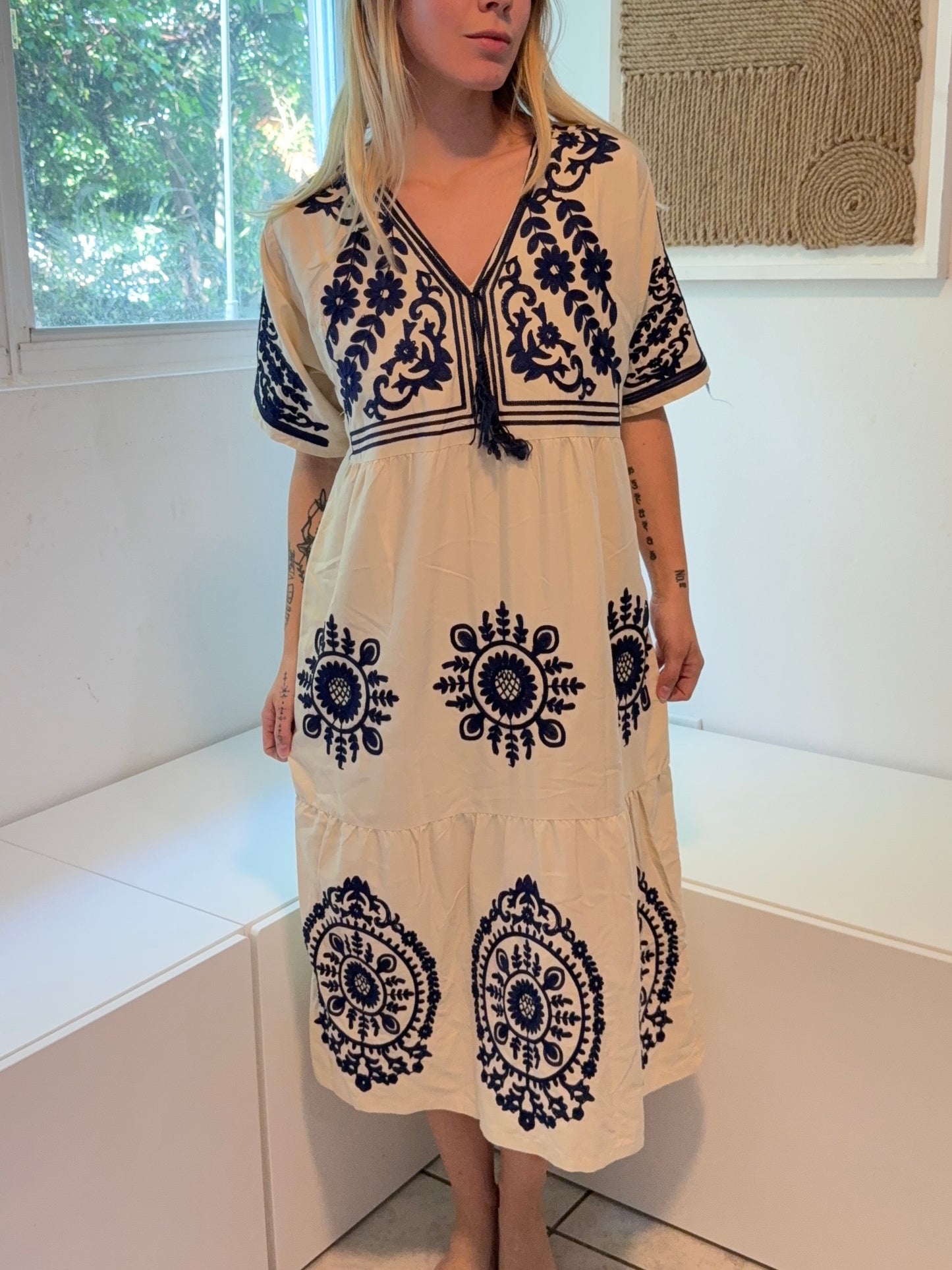 Nude with Blue Embroidery Short Sleeve 100% Cotton Dress