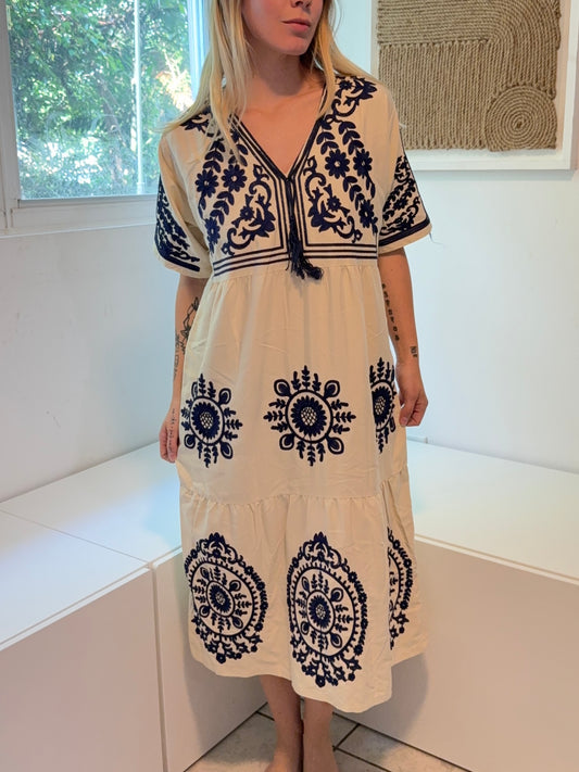 Nude with Blue Embroidery Short Sleeve 100% Cotton Dress