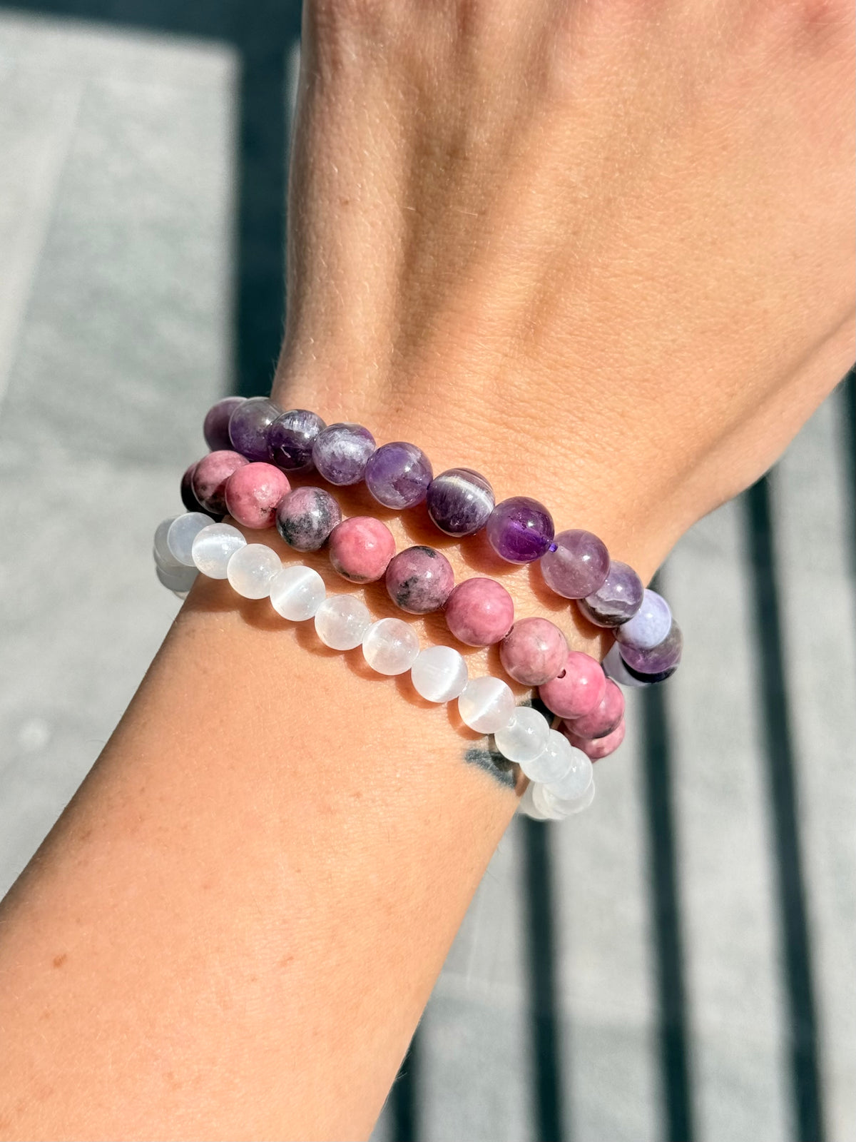 Emotional Protection & Healing Crystal Set – Rhodonite, Amethyst & Selenite
