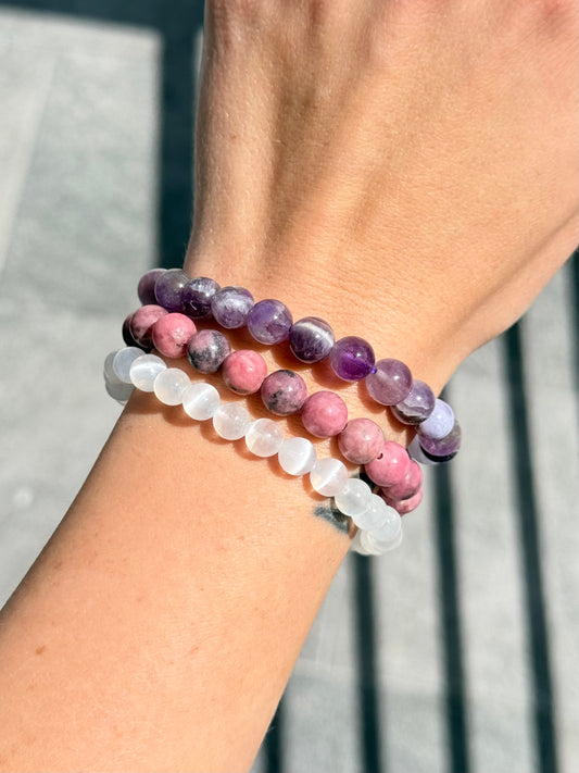 Emotional Protection & Healing Crystal Set – Rhodonite, Amethyst & Selenite