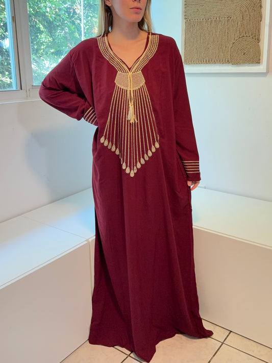 Wine Color with Gold Embroidery Long Sleeve 100% Cotton Dress