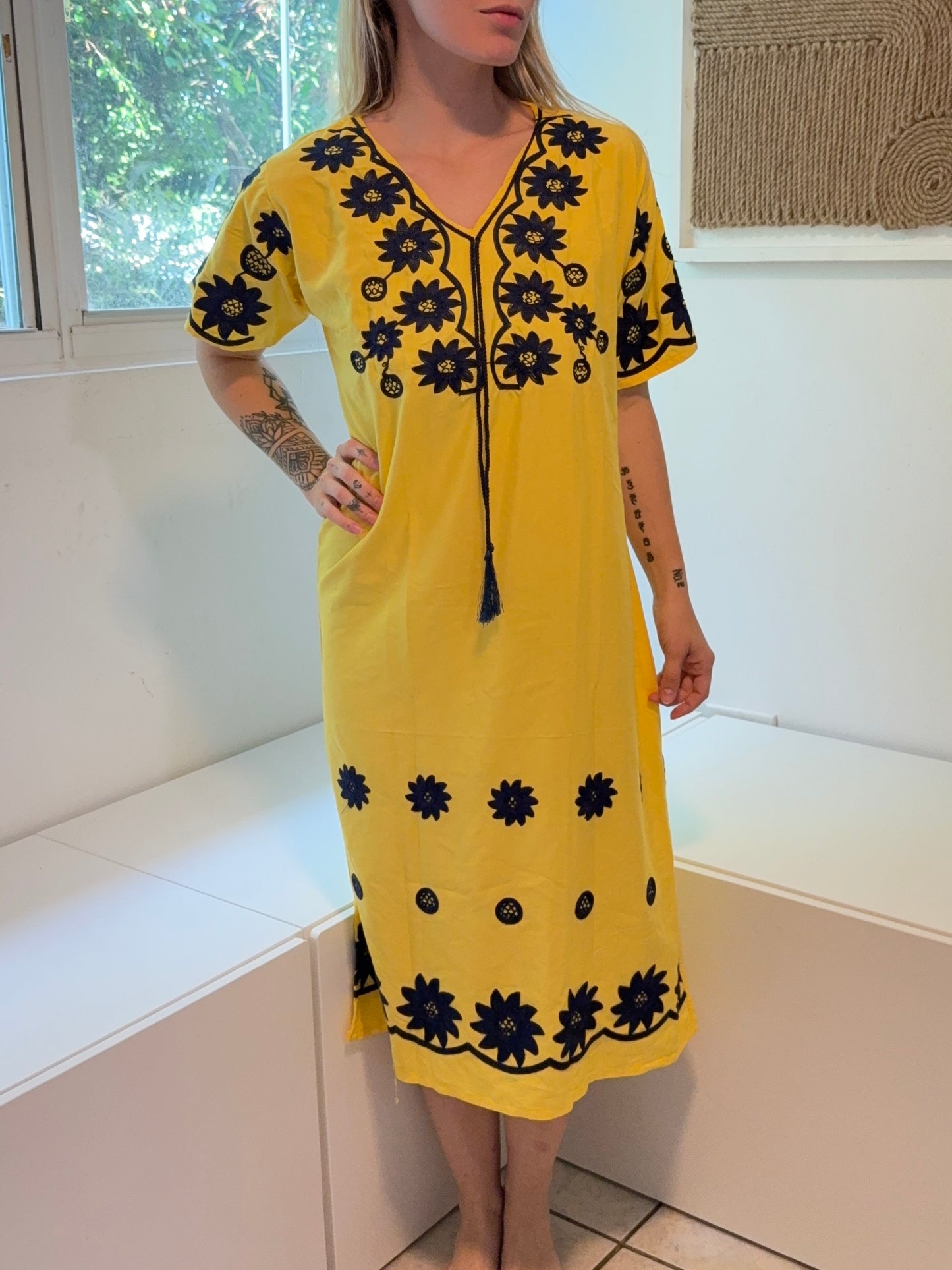 Yellow with Blue Embroidery Short Sleeve 100% Cotton Dress