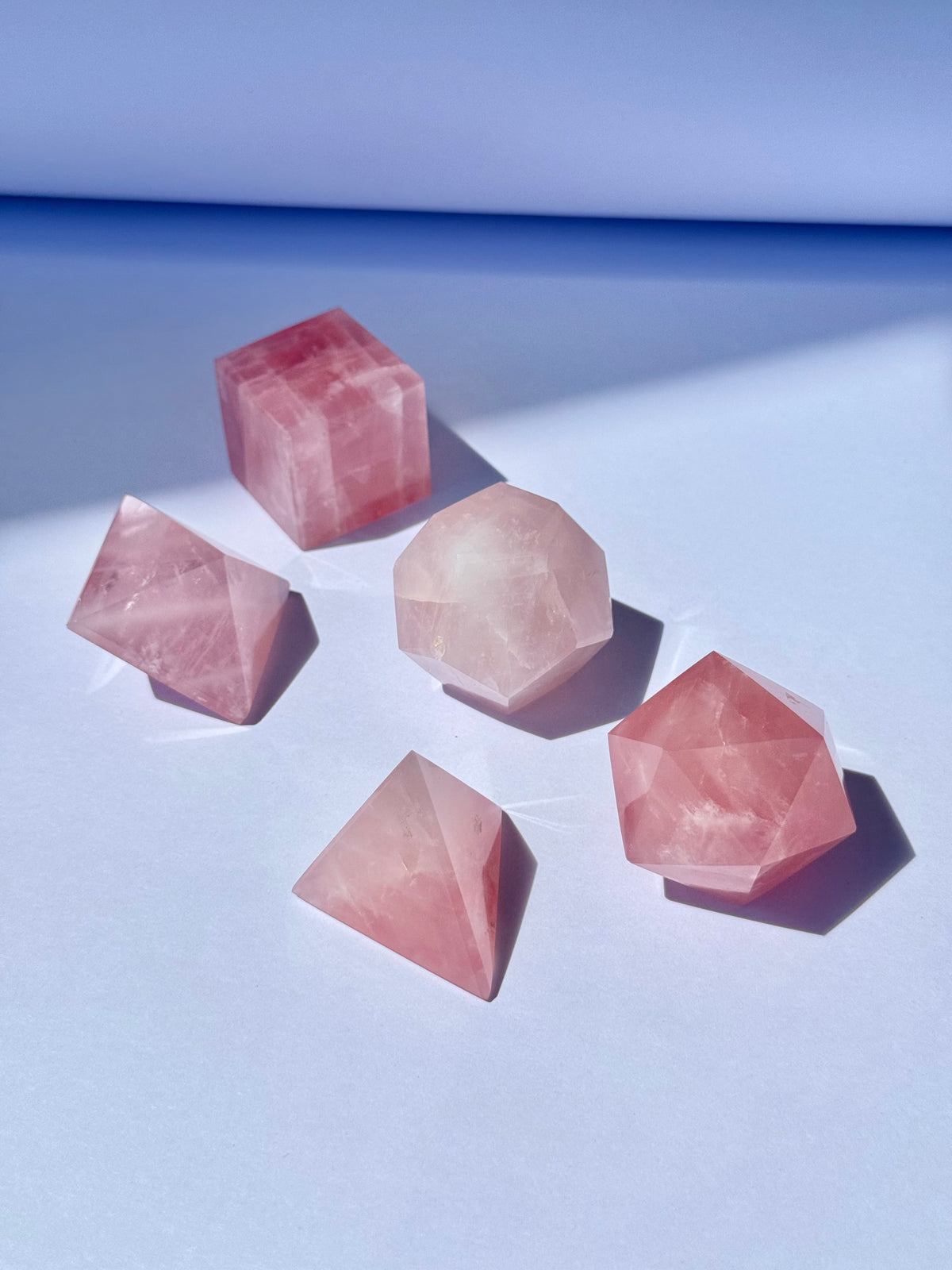 Rose Quartz Platonic Solids Set | Set de Cinco Sólidos Platónicos de Cuarzo Rosa