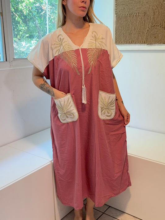 Pink & White with Gold Embroidery Short Sleeve 100% Cotton Dress