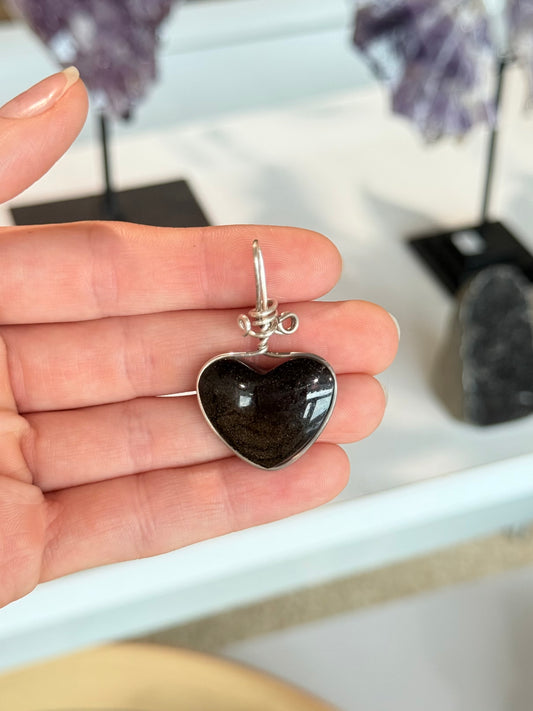 Sheen Obsidian Heart Pendant ( Silver 925 Wire )