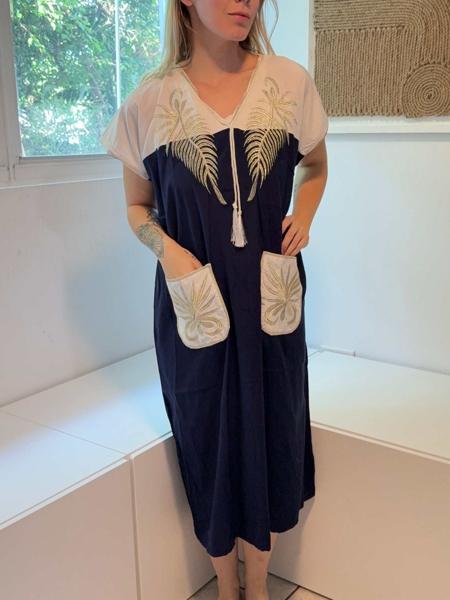 White & Dark Blue with Gold Embroidery Short Sleeve 100% Cotton Dress