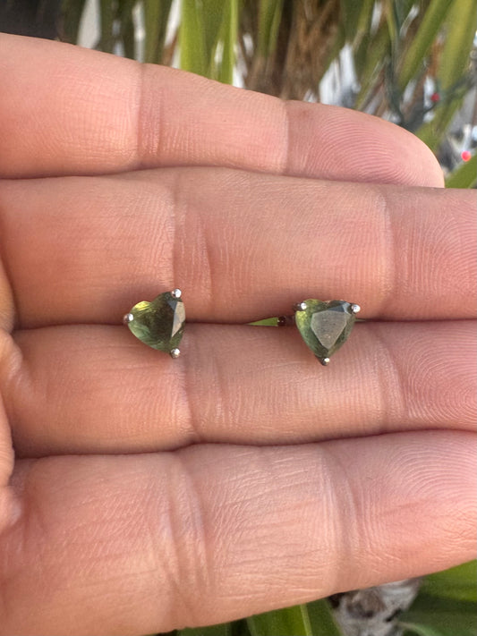 Moldavite Faceted Heart Earrings