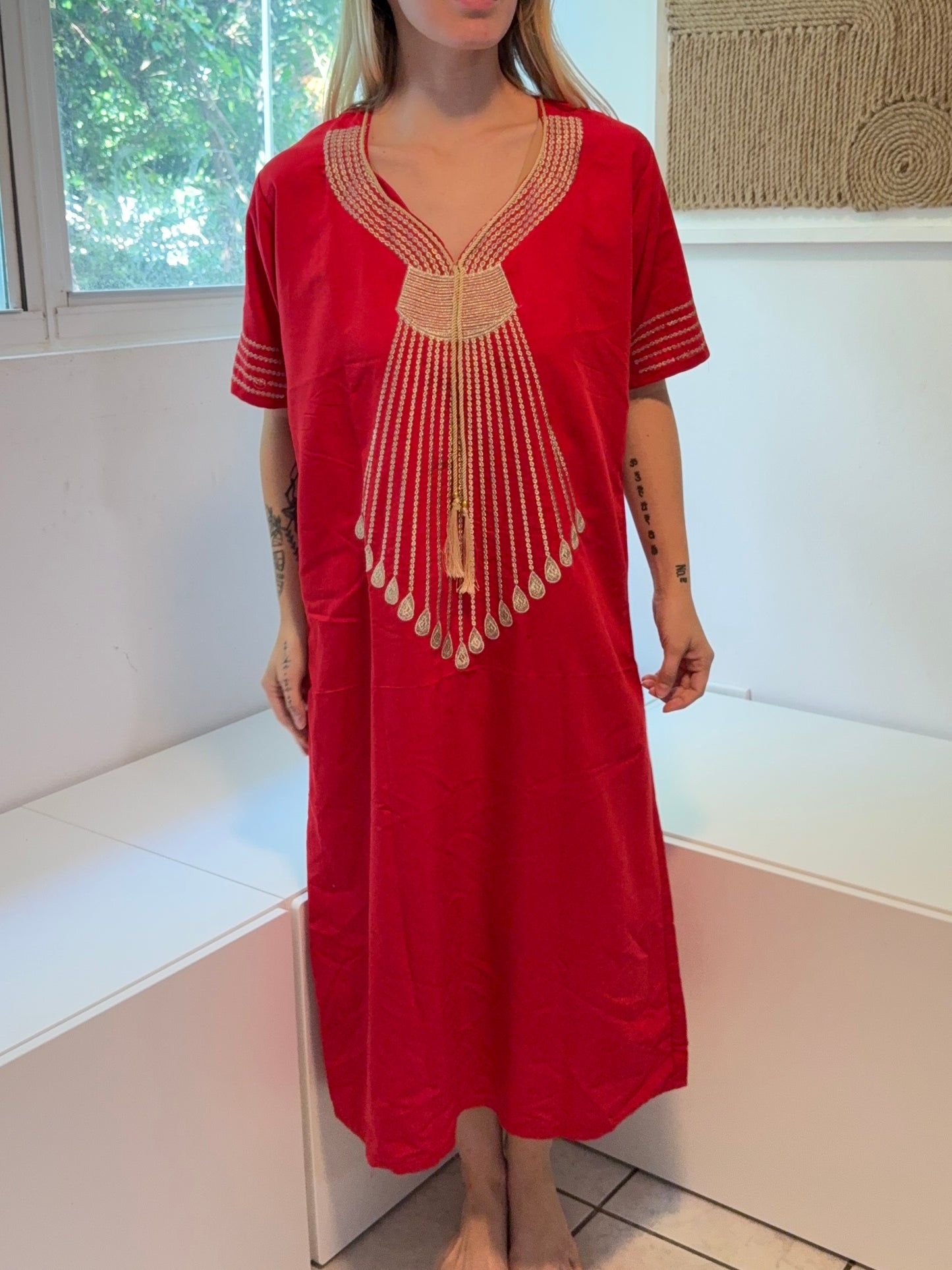 Red with Gold Embroidery Short Sleeve 100% Cotton Dress (Copy)