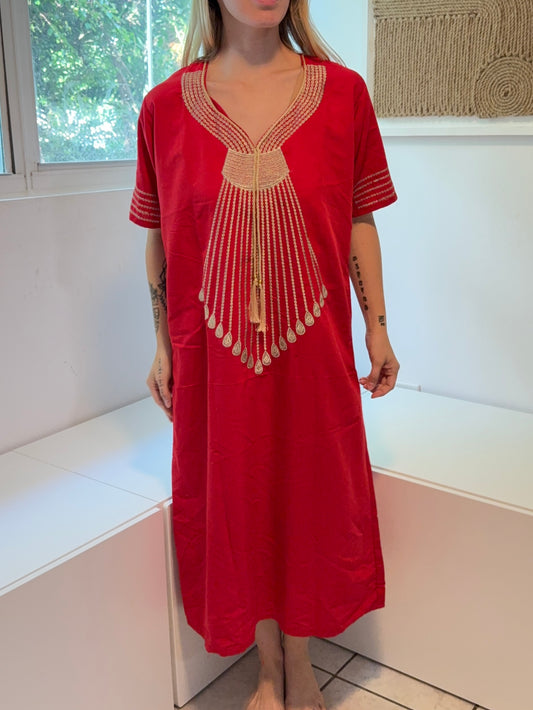 Red with Gold Embroidery Short Sleeve 100% Cotton Dress (Copy)