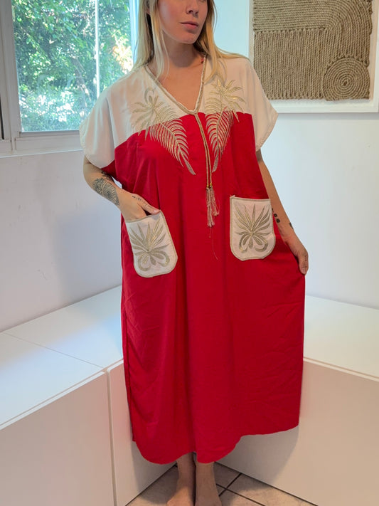 Red & White with Gold Embroidery Short Sleeve 100% Cotton Dress