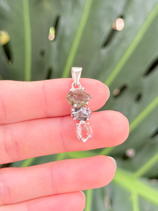 Moldavite, Campo del cielo & Herkimer Diamond Pendant ( Silver 925 )