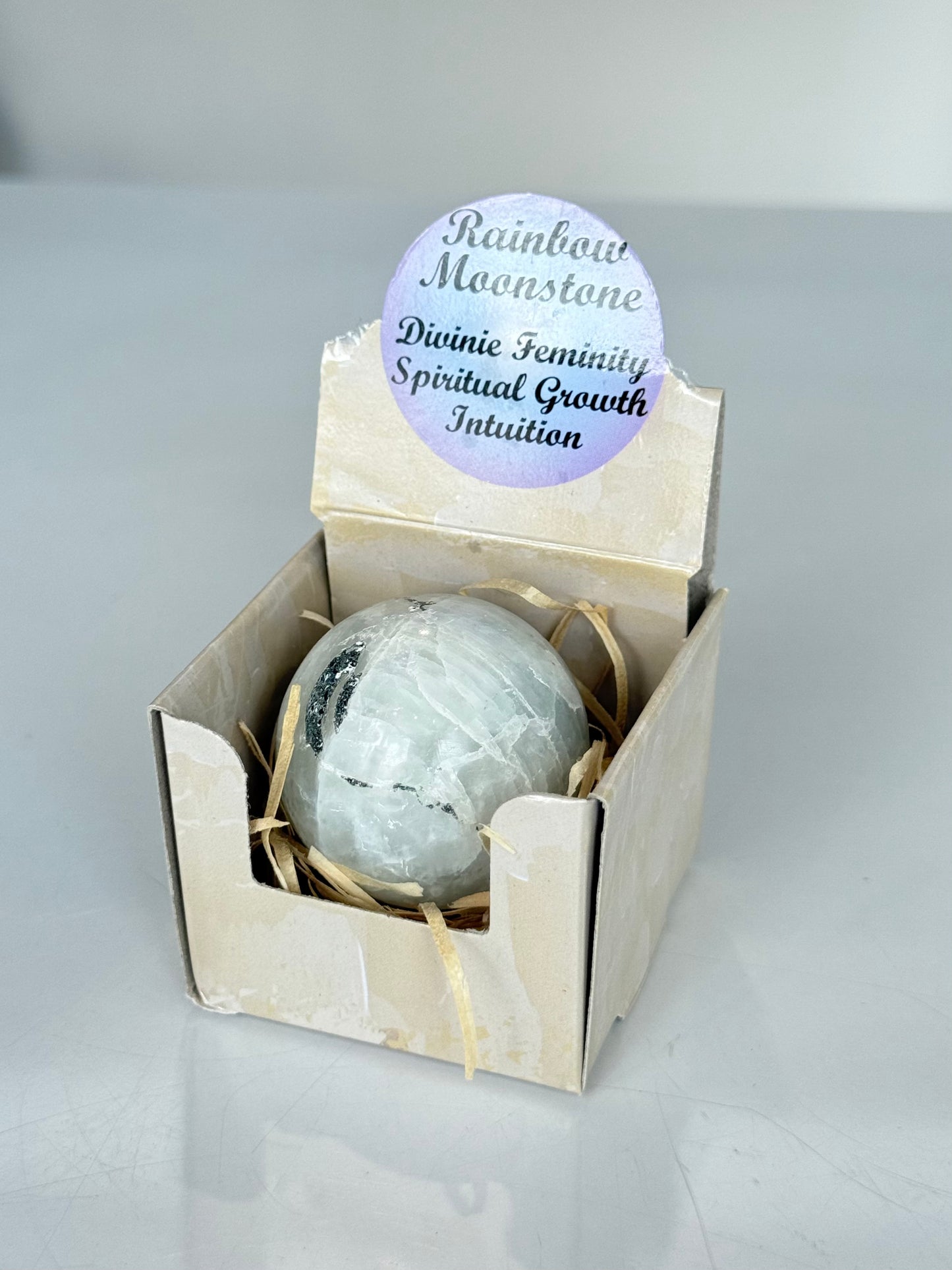 Rainbow Moonstone Sphere Box / Cajita con Esfera de Piedra Luna Arcoíris