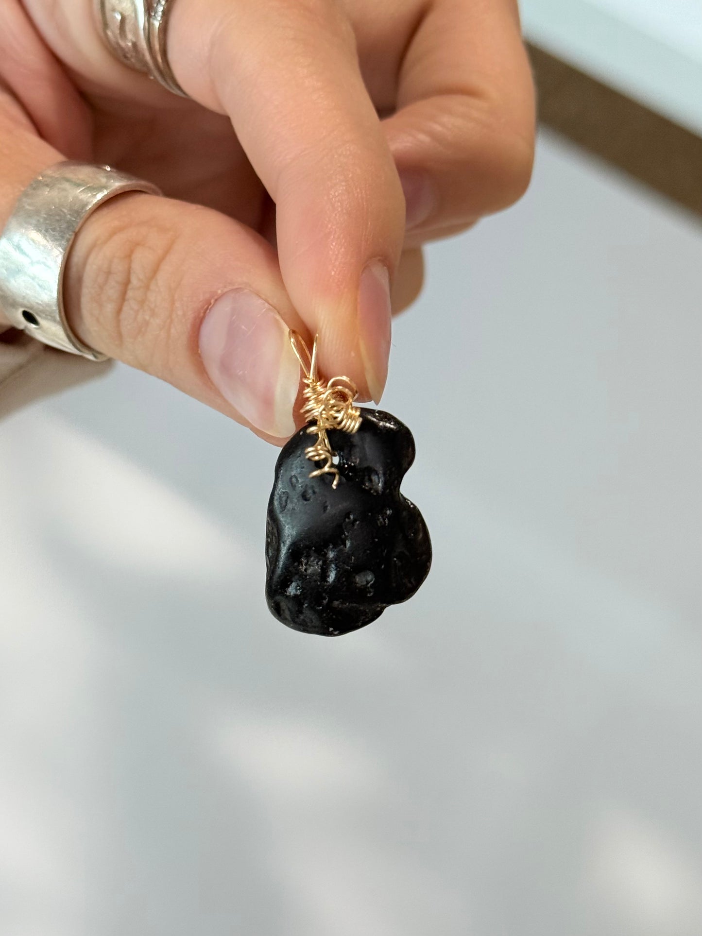 Black Tektite Pendant ( Silver Platted Gold Wire )