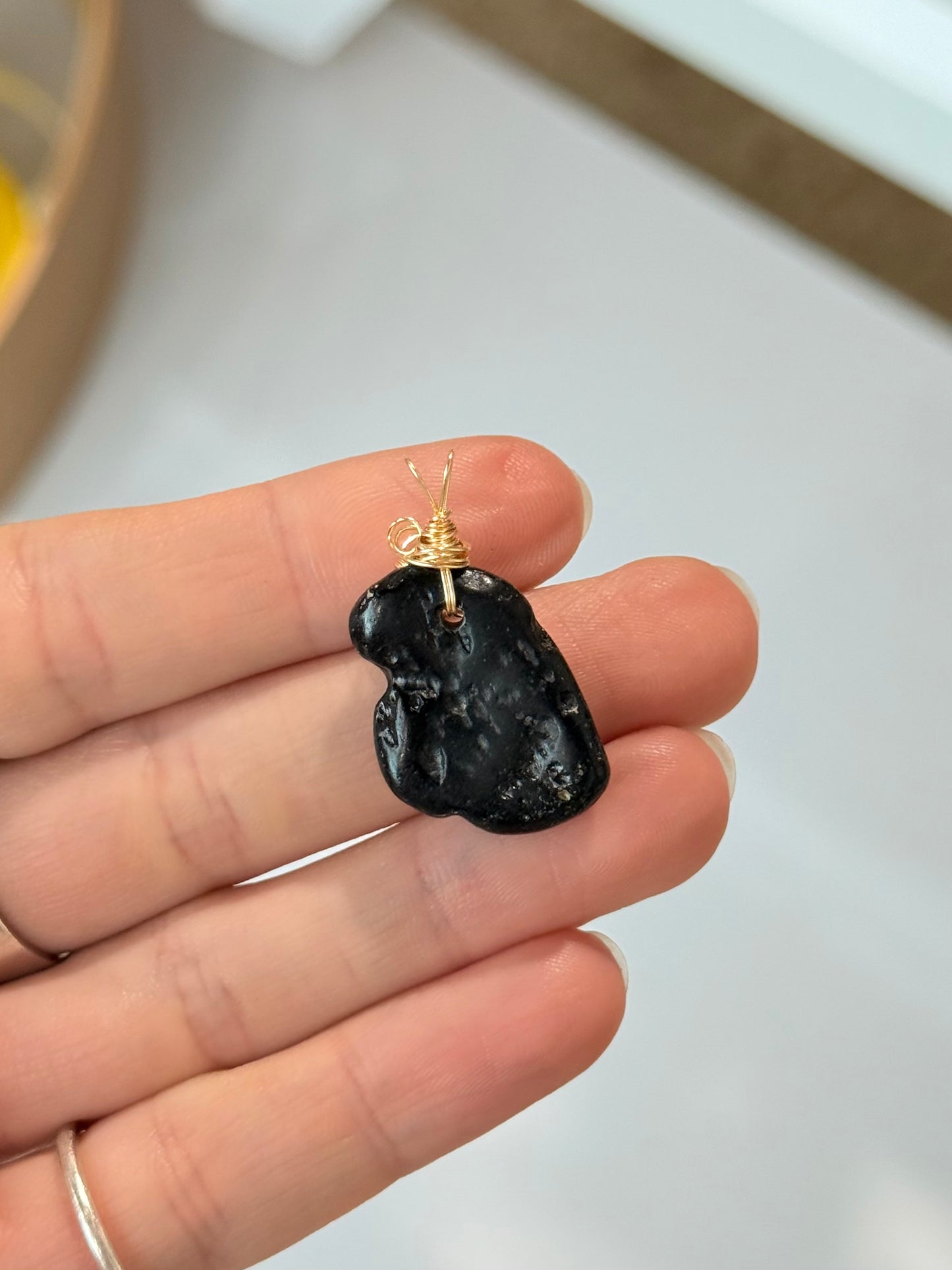Black Tektite Pendant ( Silver Platted Gold Wire )