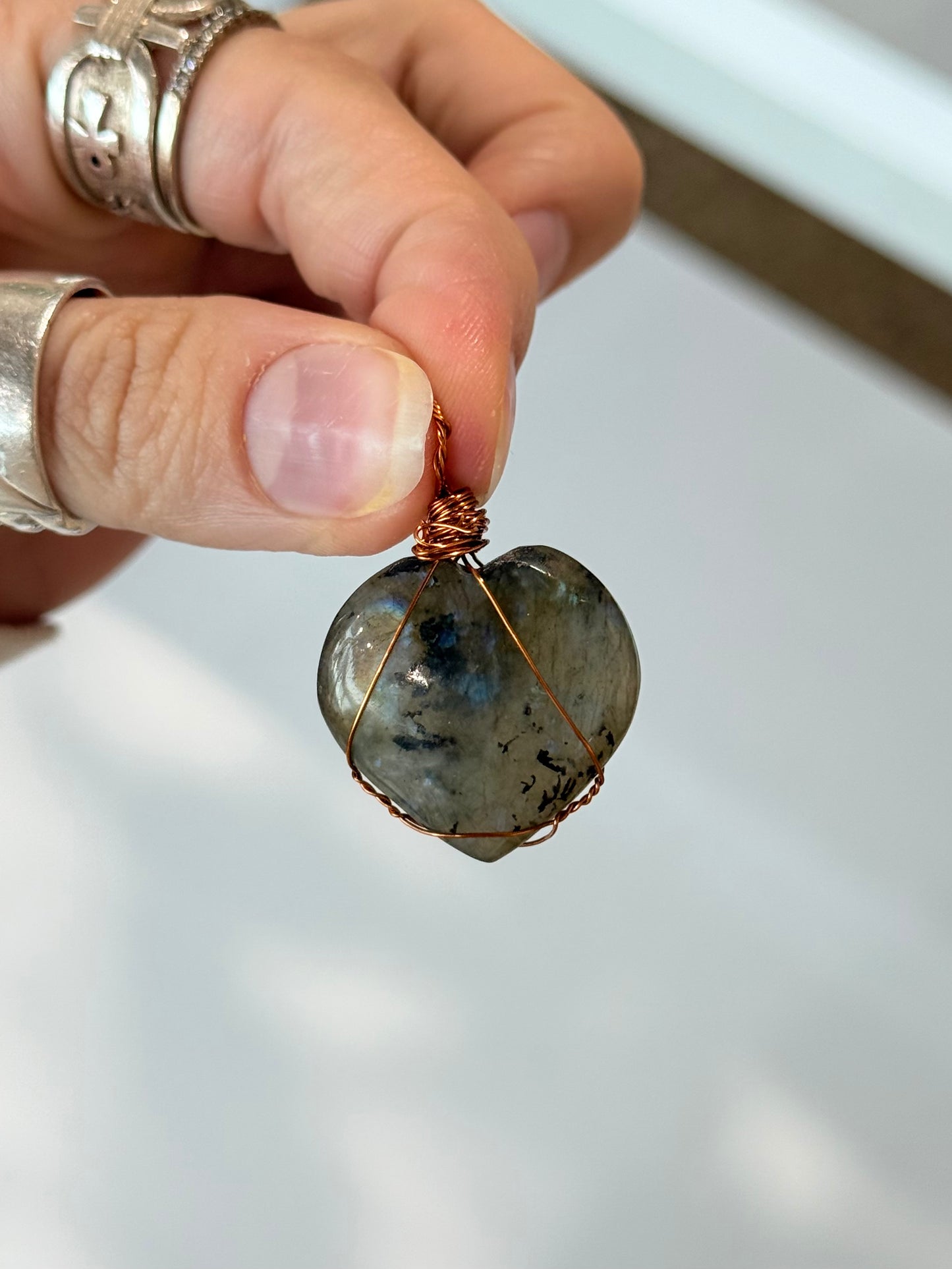 Polished Labradorite Heart Pendant (  Copper Wire )