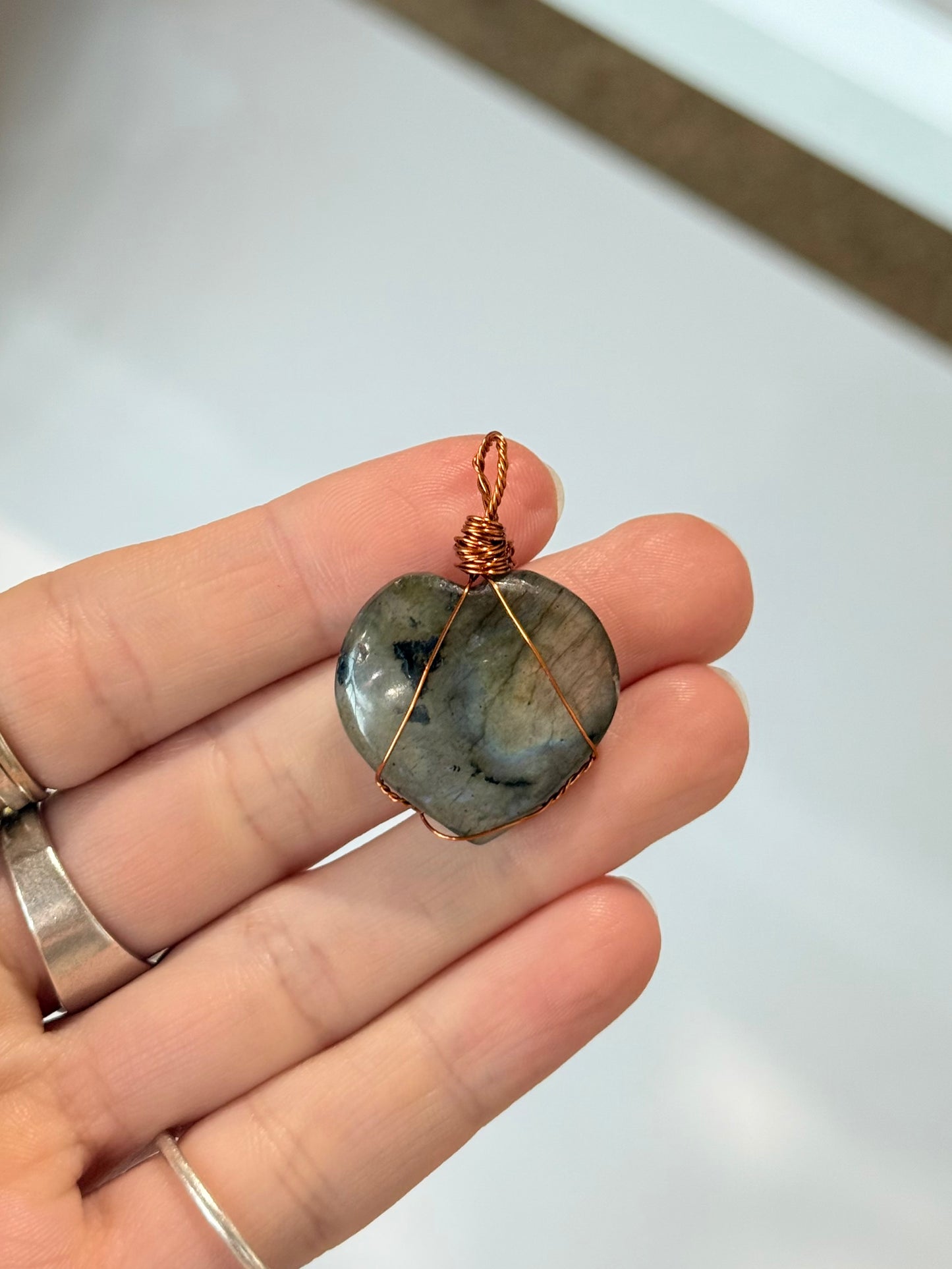 Polished Labradorite Heart Pendant (  Copper Wire )