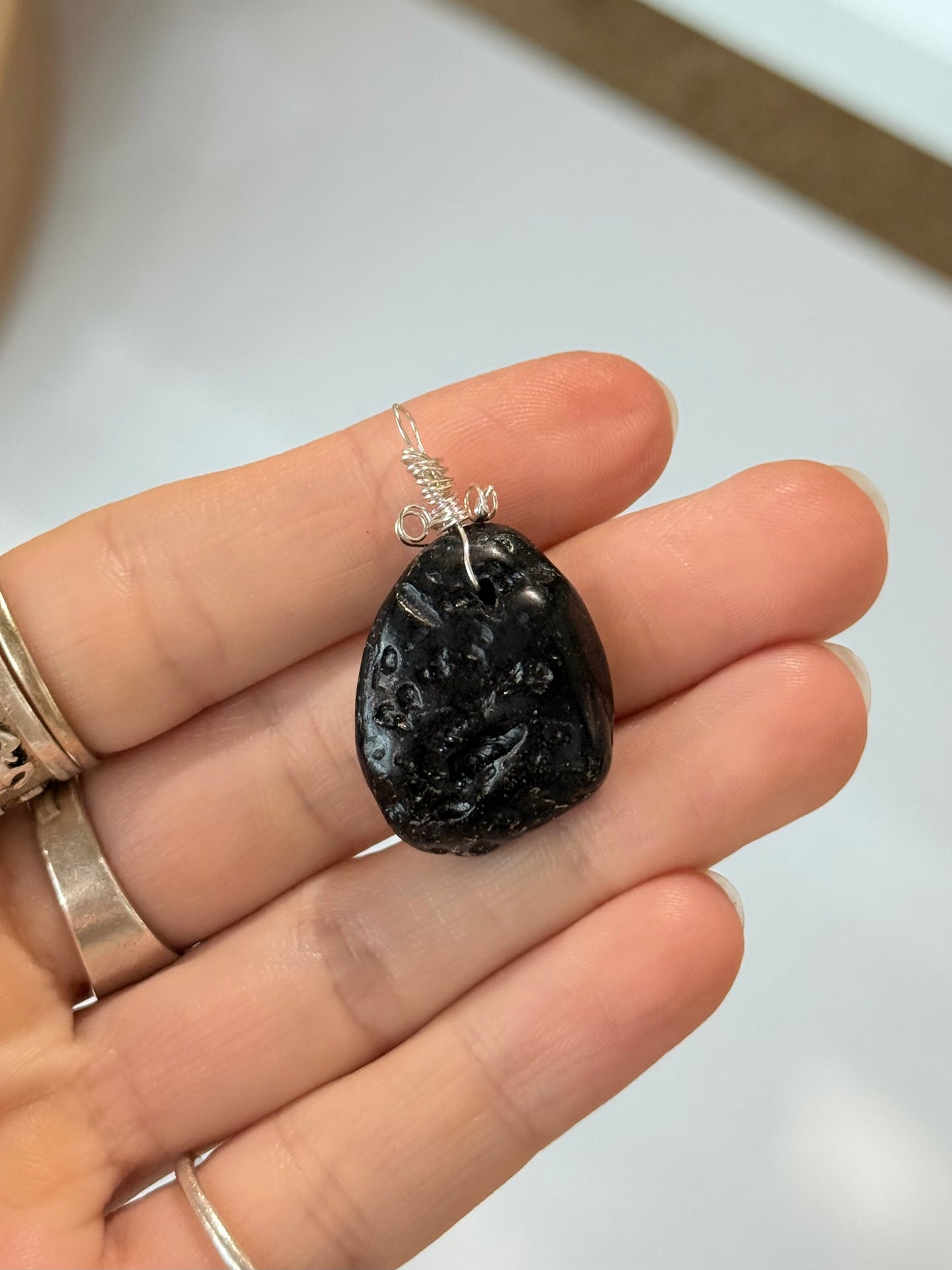Black Tektite Pendant ( Silver 925 Wire )