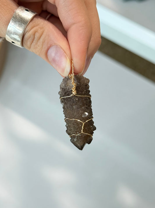 Smoky Spirit Quartz Pendant ( Silve platted Gold Wire )