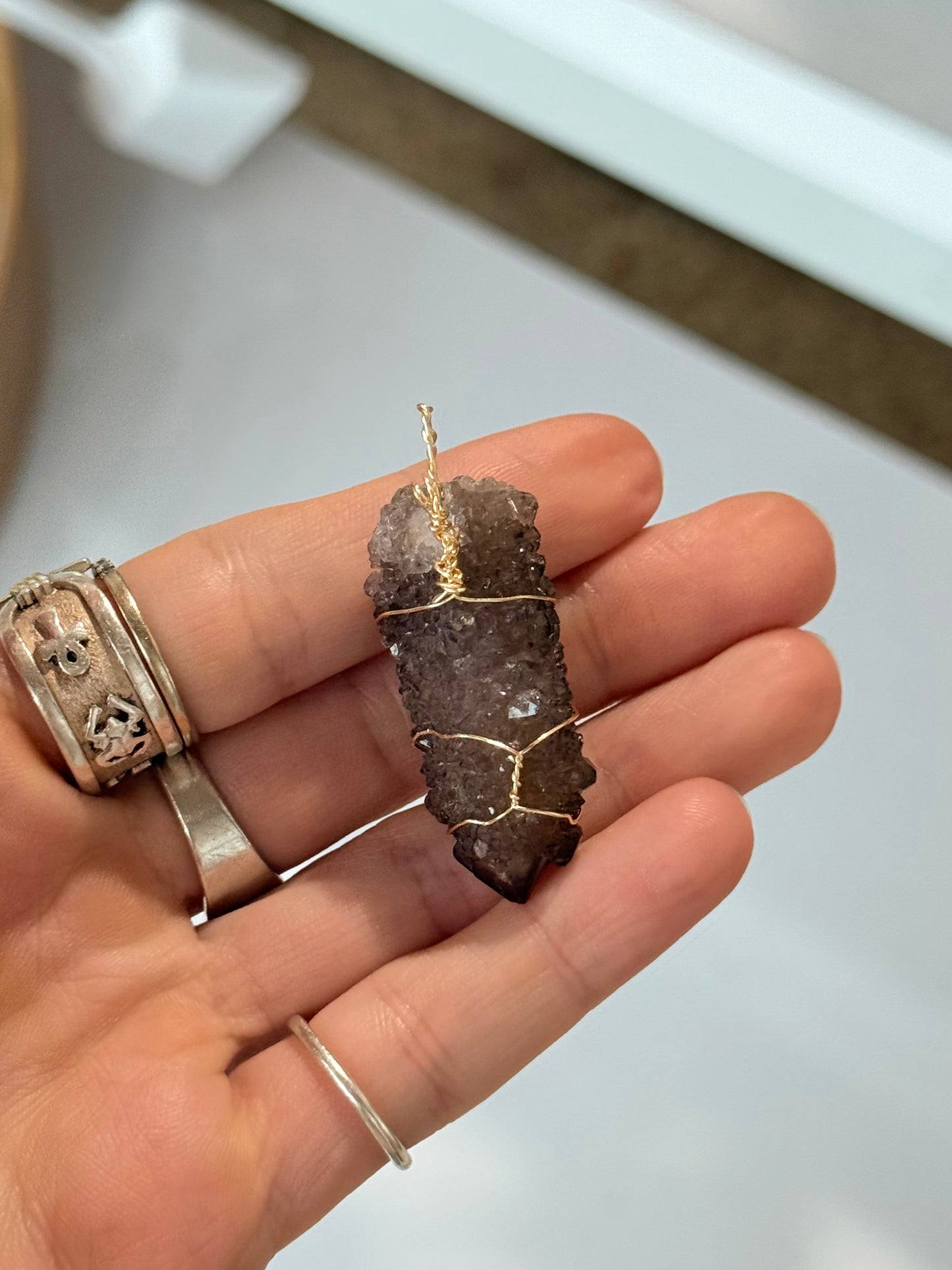 Smoky Spirit Quartz Pendant ( Silve platted Gold Wire )