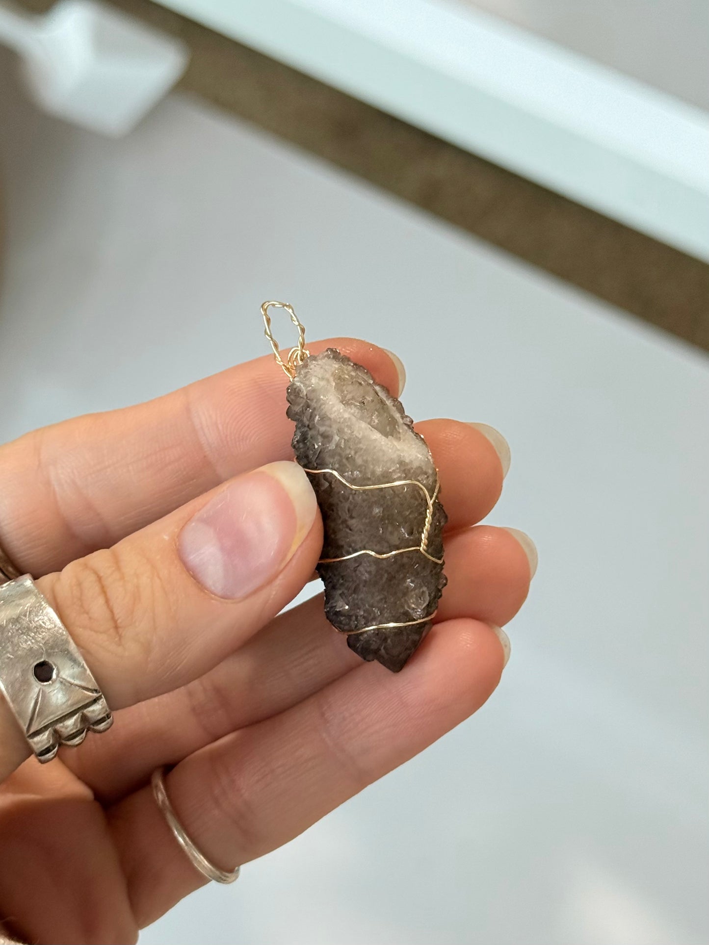 Smoky Spirit Quartz Pendant ( Silve platted Gold Wire )
