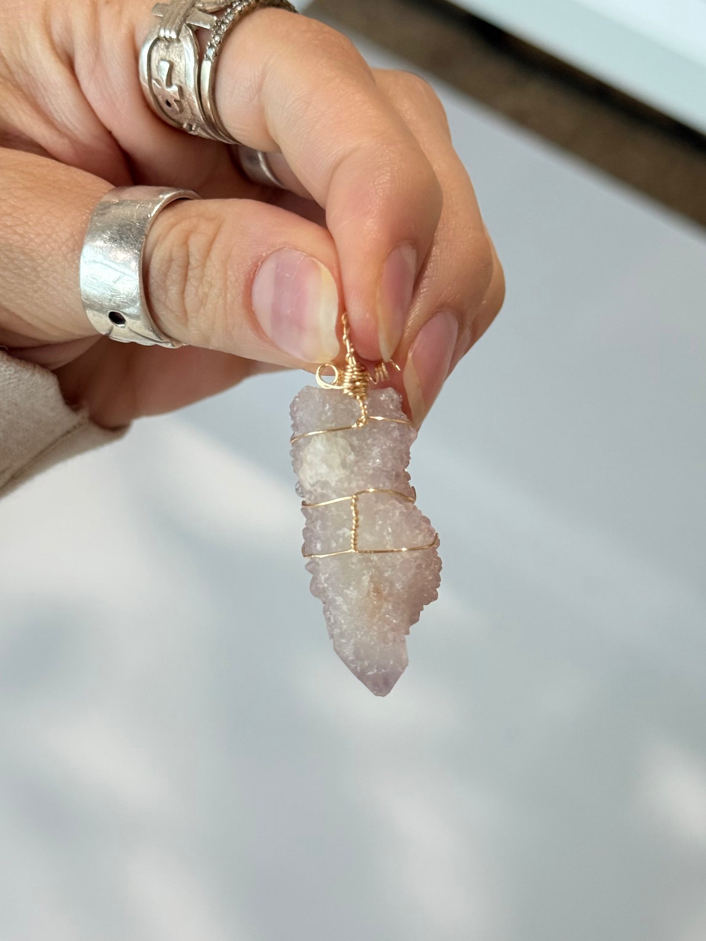 Smoky Spirit Quartz Pendant ( Silver platted Gold Wire )