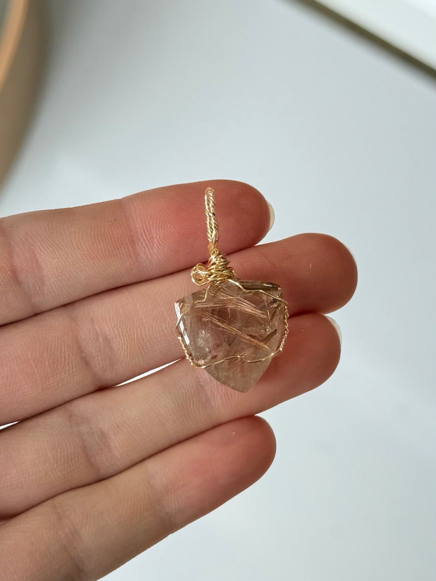 Rutilated Quartz Faceted Pendant ( Silver Platted Gold Wire )