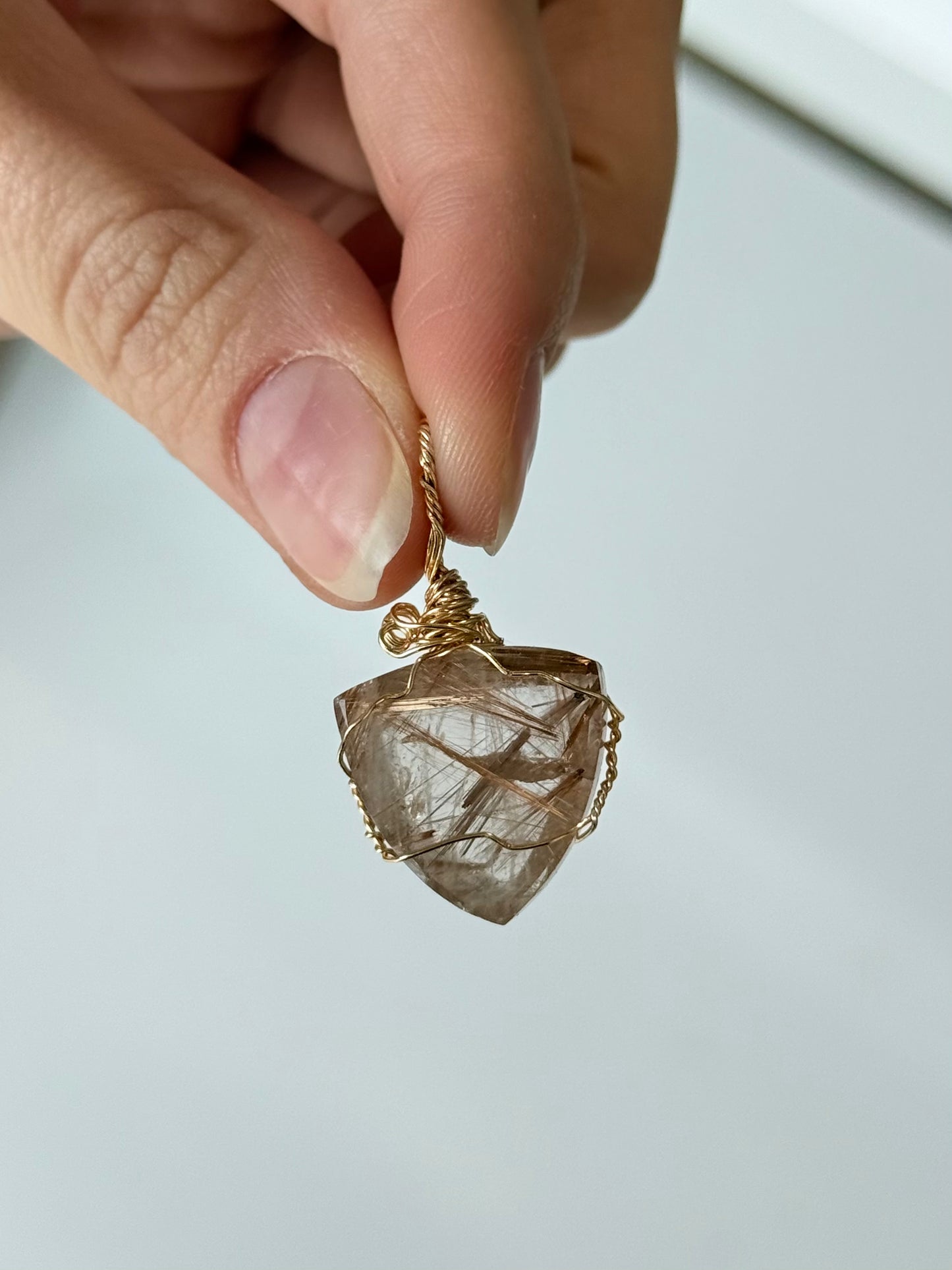 Rutilated Quartz Faceted Pendant ( Silver Platted Gold Wire )