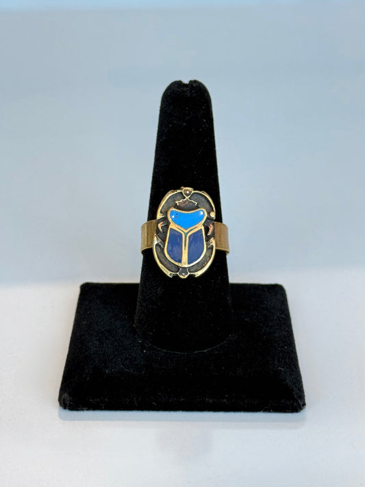 Scarab Painted Blue Ring ( Adjustable Size ) Brass