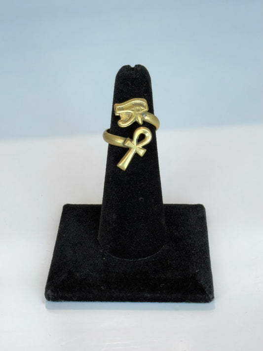 Ankh and Ojo de Horus Ring ( Adjustable Size ) Brass